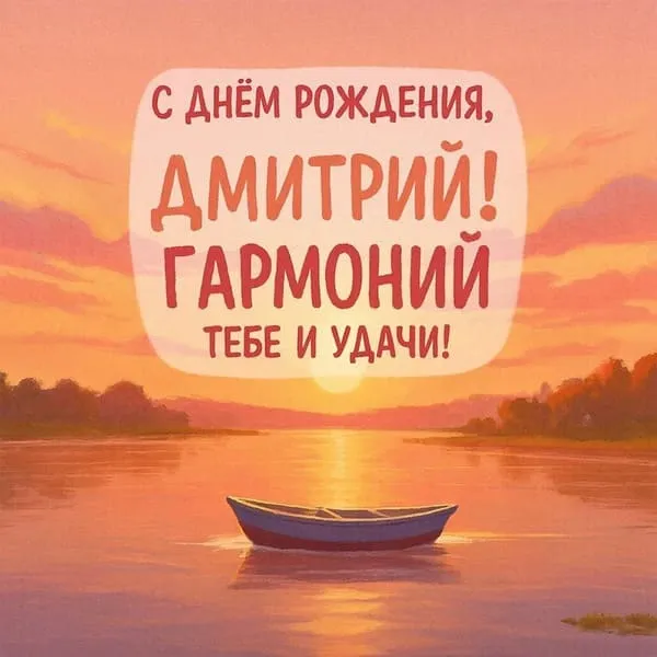 Красивая именная открытка с днем рождения для Дмитрия с закатом над рекой и лодкой