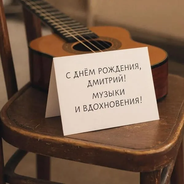 Именная открытка с днем рождения для Дмитрия с гитарой, пожелание музыки и вдохновения