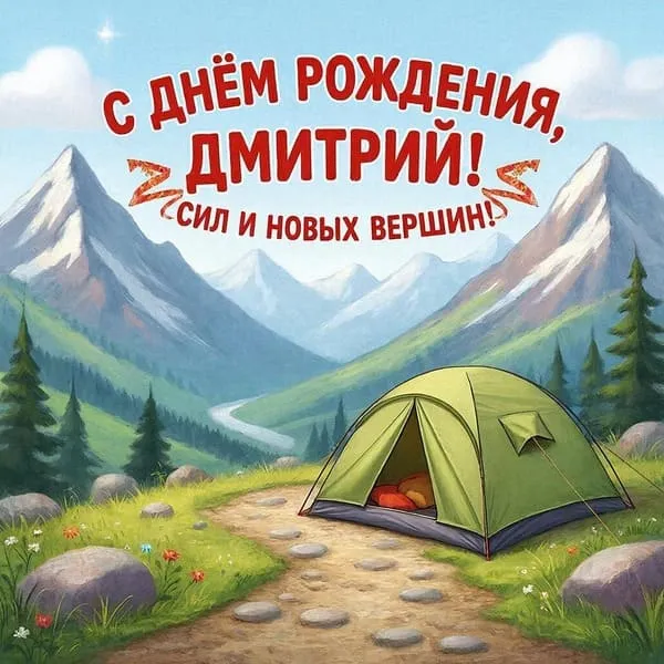 Открытка с днем рождения для Димы с горной тропой и палаткой, для любителя походов