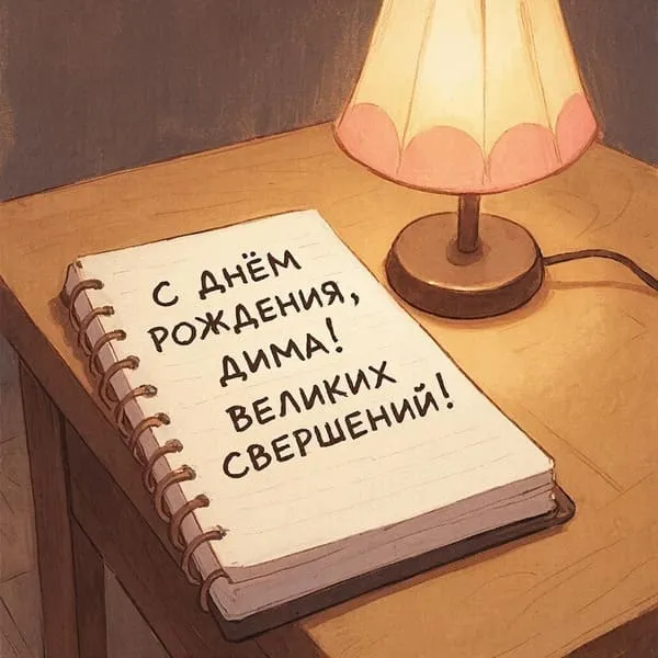 Именная открытка с днем рождения для Дмитрия с лампой и блокнотом, пожелание чётких идей