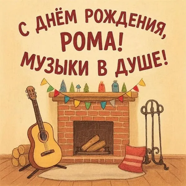 Именная открытка с днем рождения для Романа с велосипедом на природе, пожелание лёгких дорог