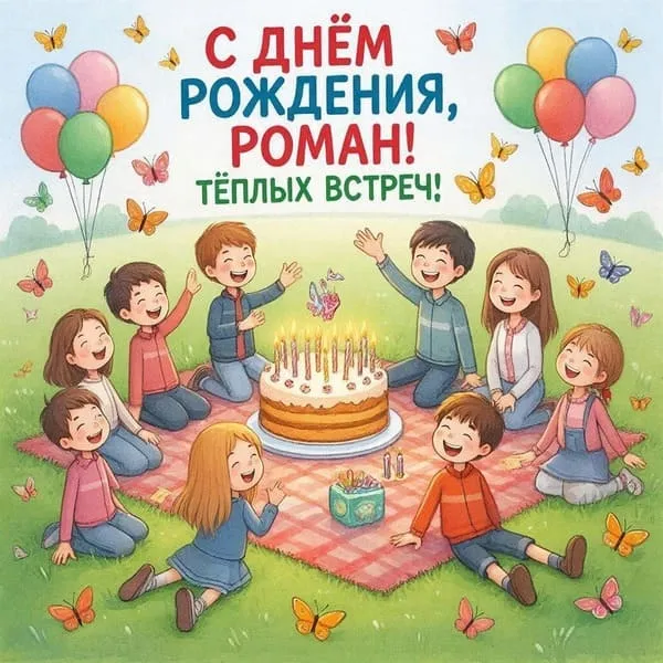 Открытка с днем рождения для Ромы с чашкой кофе и книгой, для любителя чтения