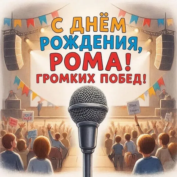 Открытка с днем рождения для Ромы с ночным городом, пожелание ярких впечатлений