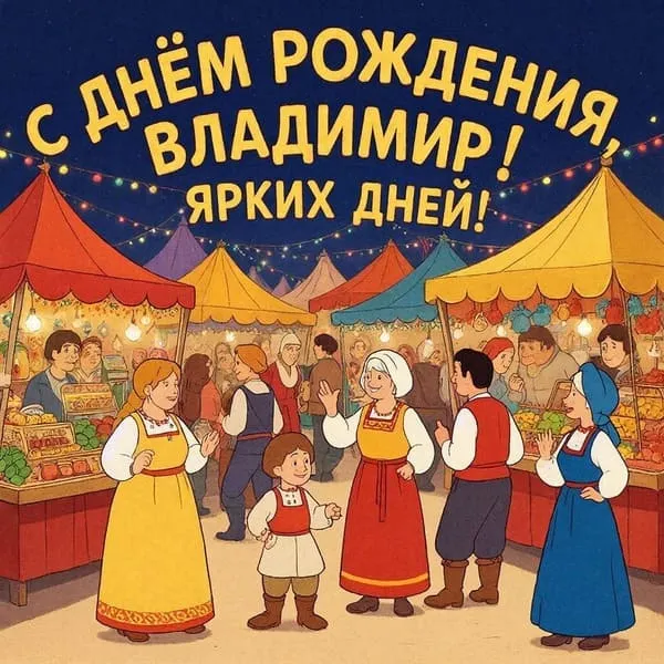 Именная открытка с днем рождения для Владимира с ночным рынком, пожелание ярких дней