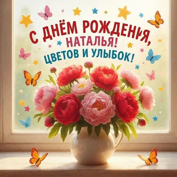 Красивая именная открытка с днем рождения для Натальи с вазой пионов на подоконнике