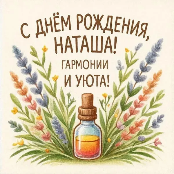 Именная открытка с днем рождения для Натальи с букетом трав и эфирными маслами, пожелание гармонии