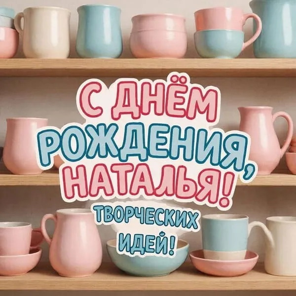 Открытка с днем рождения для Наташи с ручной керамикой, пожелание творческих идей