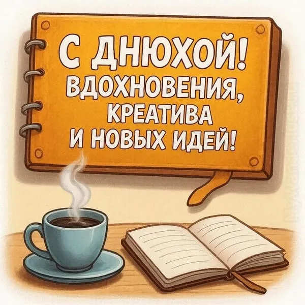 Открытка с чашкой кофе и блокнотом для мужчины, поздравление с днем рождения бизнесмена