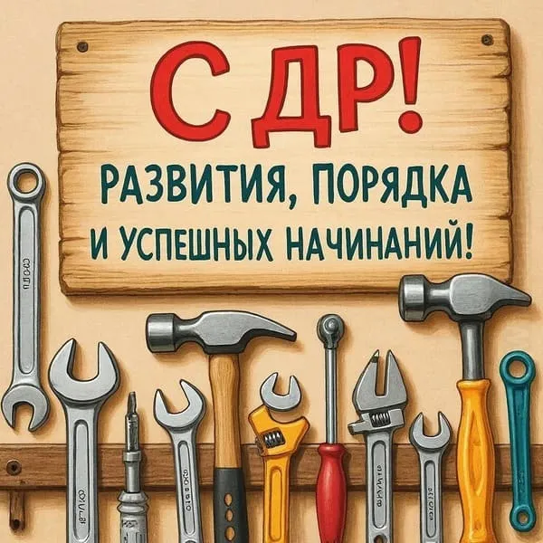 Открытка мужчине на день рождения с инструментами на верстаке, молоток и гаечные ключи