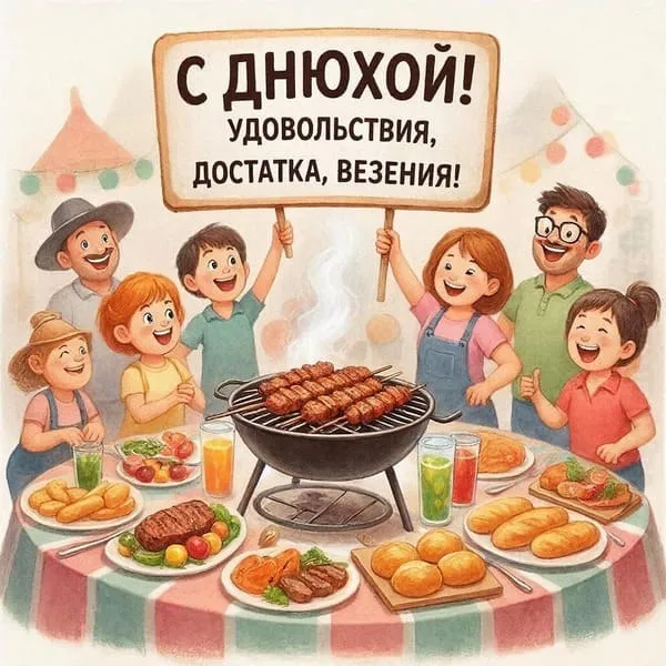 Открытка мужчине на день рождения с аппетитным барбекю, дымок и вкусные блюда на природе