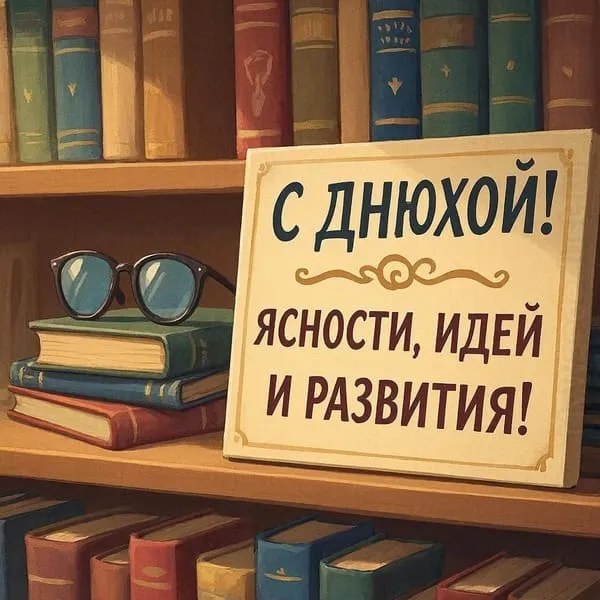 Открытка с днем рождения для мужчины-книголюба с полкой книг и очками, уютная атмосфера