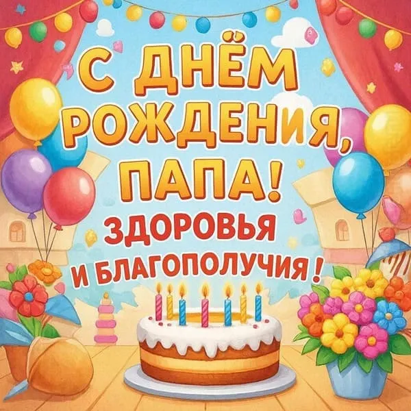Красивая открытка с днем рождения для папы с праздничным тортом
