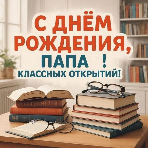 Открытка с днем рождения папе с книгами и очками, для любителя чтения