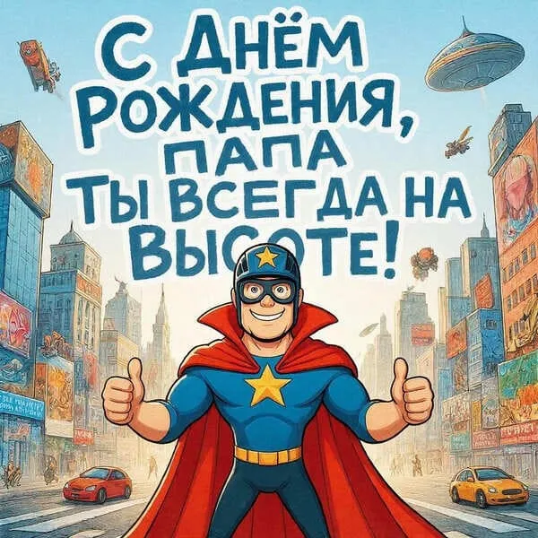 Открытка с днем рождения папе с иллюстрацией супергероя, пожелание быть на высоте