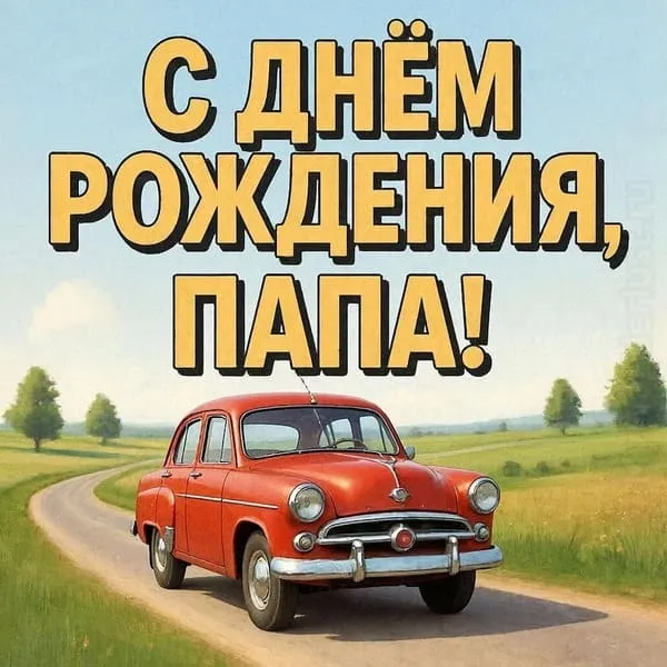 Открытка с днем рождения для папы-автолюбителя с ретро-автомобилем