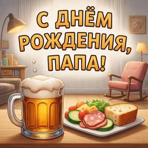 Уютная открытка с днем рождения для папы с кружкой и закусками