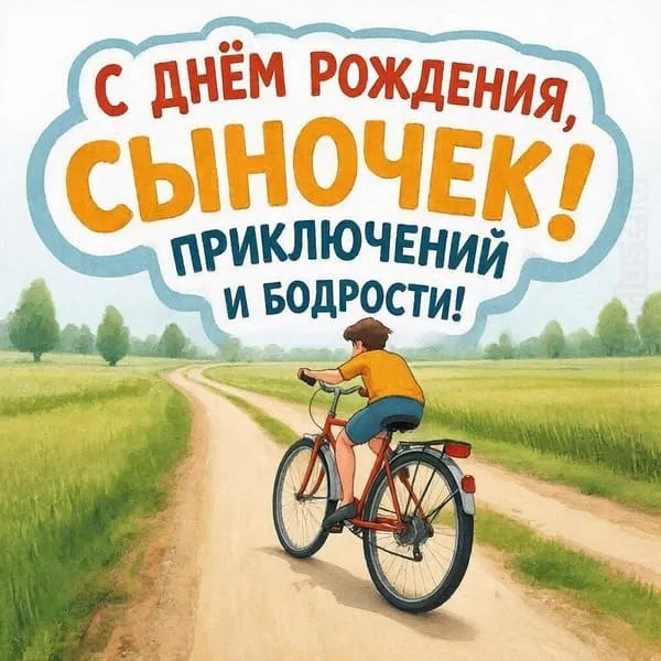 Открытка с днем рождения сыночку с велосипедом на просёлочной дороге