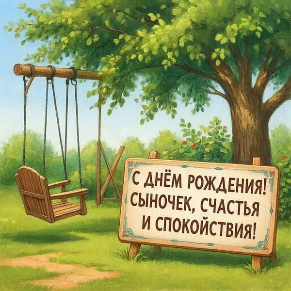 Открытка с днем рождения сыну с деревом и качелями, пожелание счастья и спокойствия