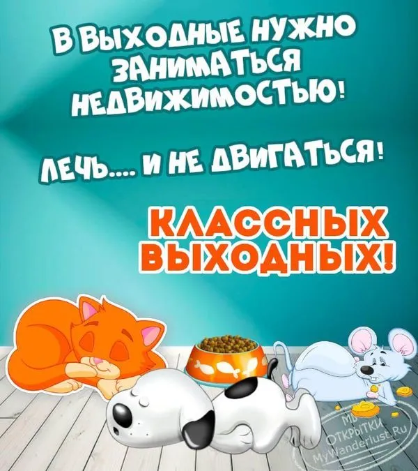 Открытка с надписью В выходные нужно заниматься недвижимостью... Лечь и не двигаться