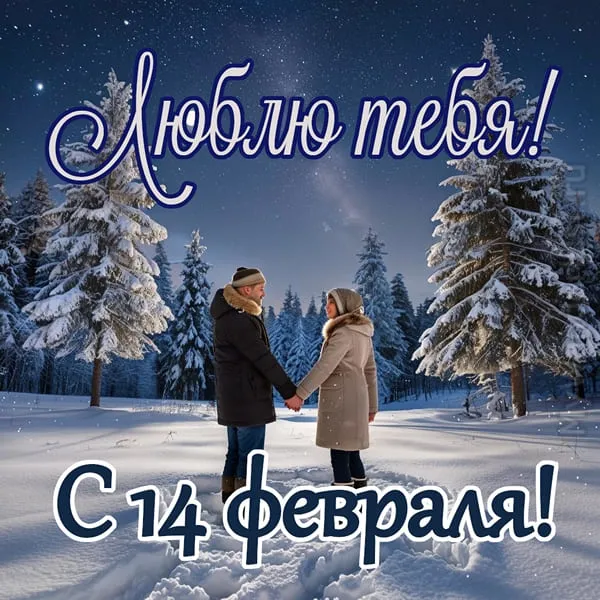 Романтическая валентинка с парой на фоне зимнего звёздного неба