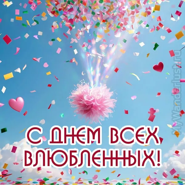 Валентинка с конфетти и сердечками, падающими с неба
