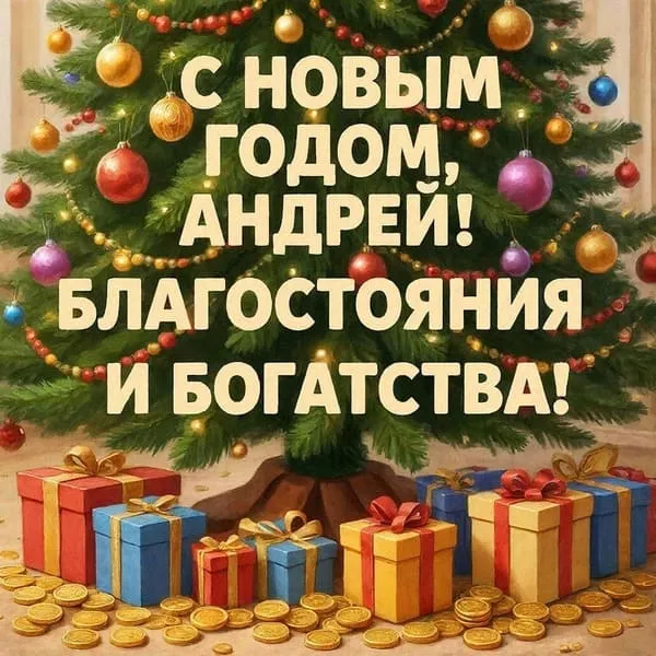 Именная новогодняя открытка для Андрея с ёлкой и подарками, С Новым 2027 годом!