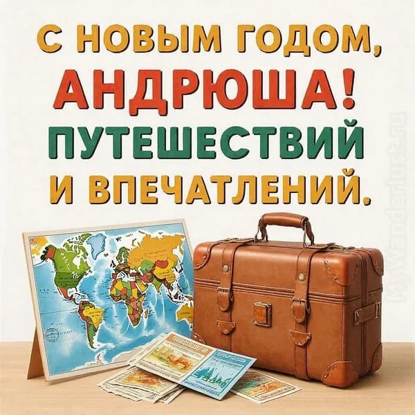 Именная новогодняя открытка для Андрюшки с картой мира и чемоданом, путешествия в 2027 году