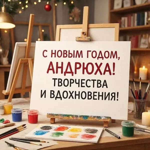 Именная новогодняя открытка для Андрюши с творческой мастерской, вдохновение для Нового 2027 года