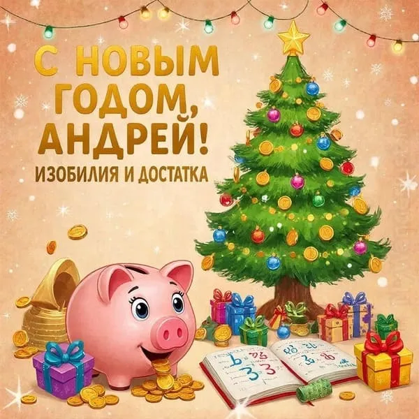 Именная новогодняя открытка для Андрея с копилкой и монетами, пожелание изобилия в 2027 году