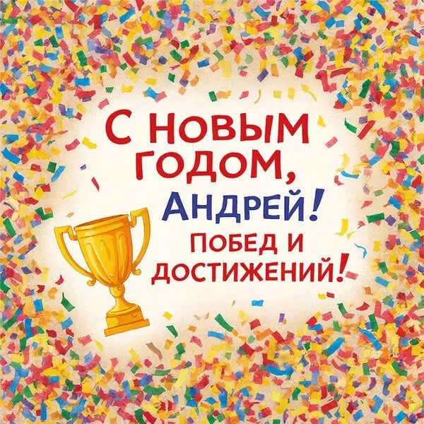 Именная новогодняя открытка для Андрея с медалью и кубком, поздравление с Новым 2027 годом