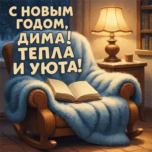 Именная новогодняя открытка для Димы с тёплым пледом, книгой и лампой, пожелание тепла и уюта