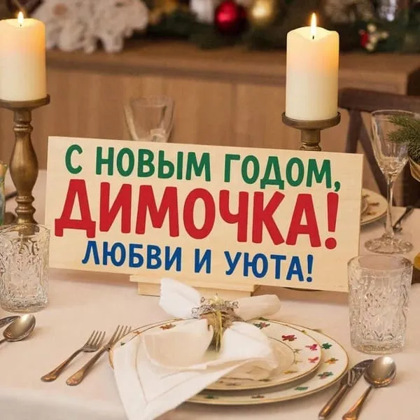 Именная новогодняя открытка для Димочки с сервировкой для двоих, пожелание любви и уюта