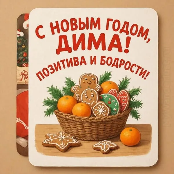 Именная новогодняя открытка для Дмитрия с корзиной мандаринов и пряников, пожелание вкуса и бодрости