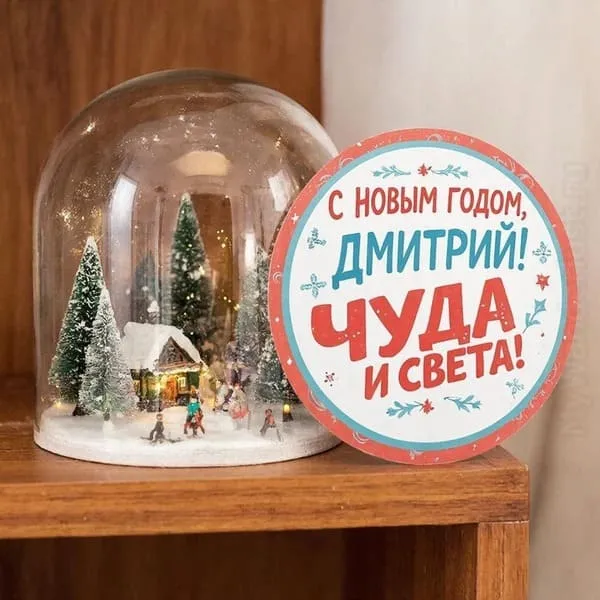 Именная новогодняя открытка для Димы со стеклянным шаром со снегом, пожелание чуда и света