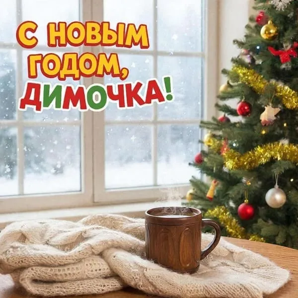 Именная новогодняя открытка для Дмитрия с коробкой имбирных пряников, пожелание радости и вкуса
