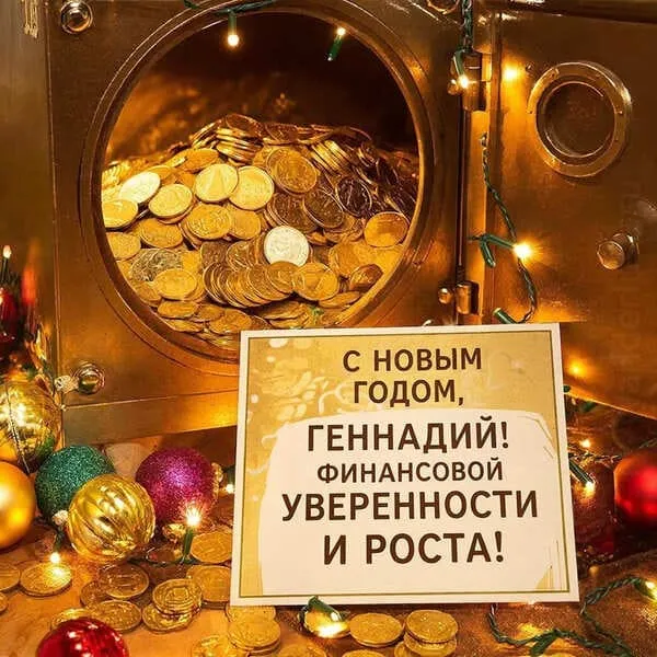 Именная открытка с Новым 2027 годом для Геннадия с классическим новогодним декором