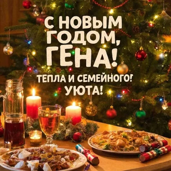 Именная открытка для Геннадия с Новым годом с подарками и ёлочными украшениями