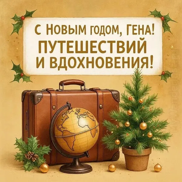 Новогодняя открытка для Геннадия с праздничными шарами и мишурой