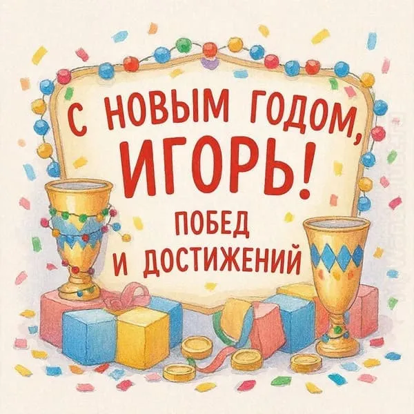Именная открытка с Новым 2027 годом для Игоря с классическим новогодним дизайном