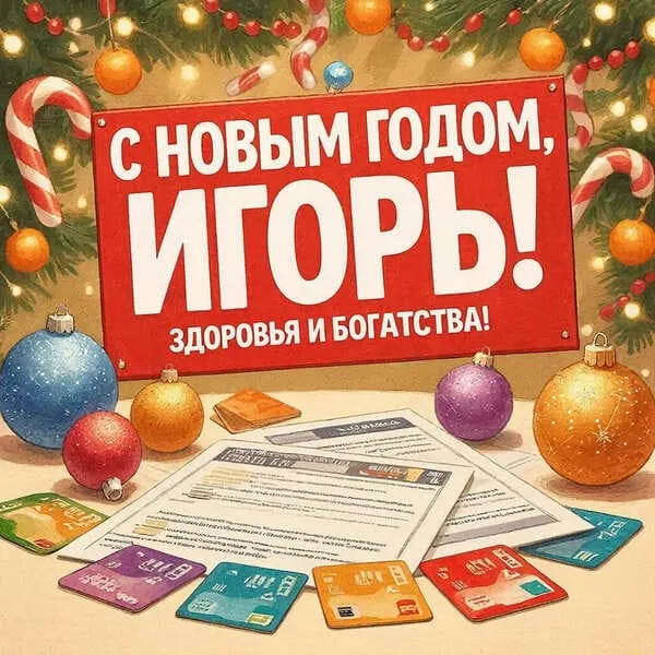 Именная открытка для Игоря с Новым годом с подарками и ёлочными украшениями