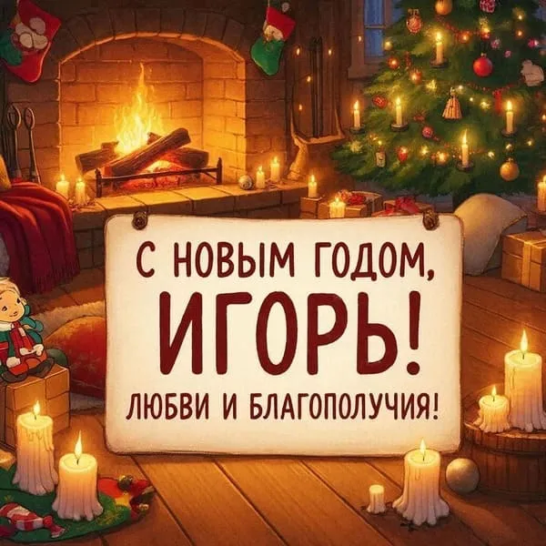 Открытка с Новым 2027 годом для Игоряна с бокалом шампанского и новогодними огнями