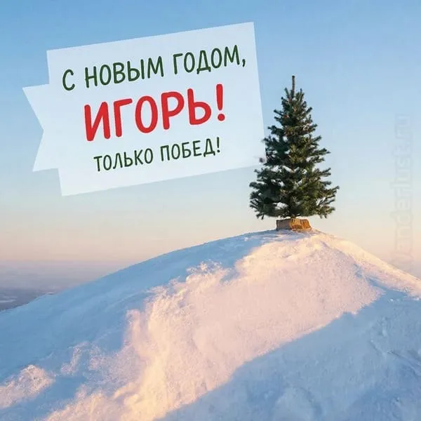 Именная новогодняя открытка для Игоря с подарками под украшенной ёлкой