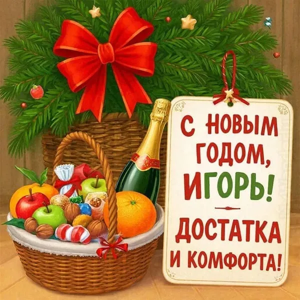 Именная новогодняя открытка для Игоря с праздничным столом и гирляндой, пожелание удачи