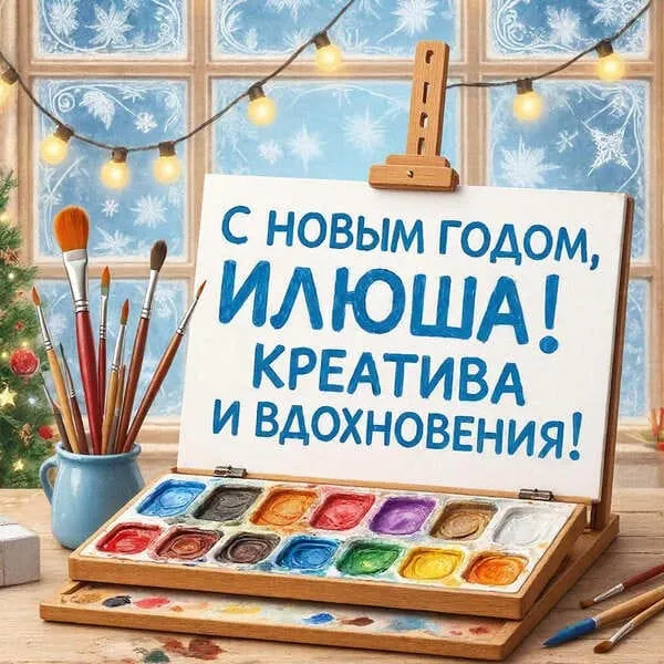 Персональная открытка с Новым годом для Ильи с уютным вечером у камина