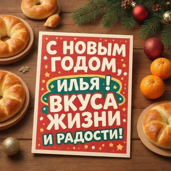 Открытка с Новым 2027 годом для Ильи с бокалом шампанского и новогодними огнями