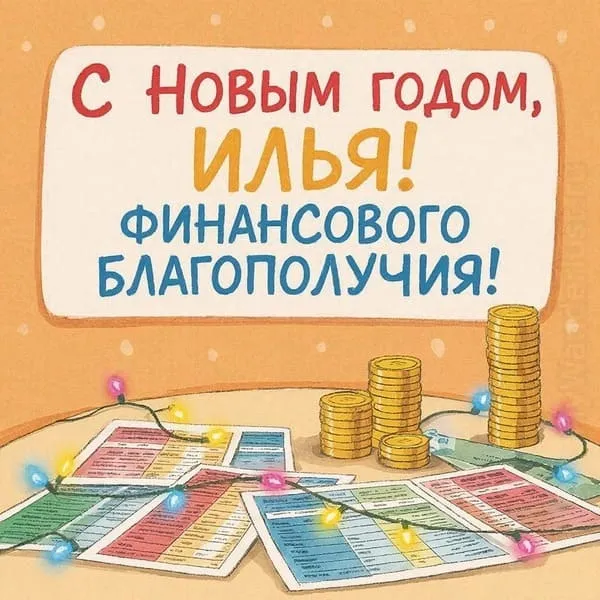 Именная новогодняя открытка для Ильи с подарками под украшенной ёлкой