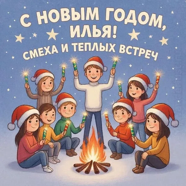 Персональная открытка с Новым 2027 годом для Ильи с ёлочными игрушками и свечами