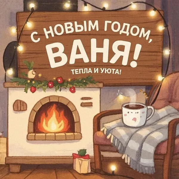 Именная открытка для Ивана с Новым годом с подарками и ёлочными украшениями