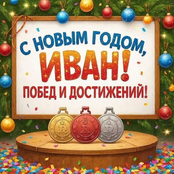 Именная новогодняя открытка для Вани с заснеженным городом и праздничными огнями