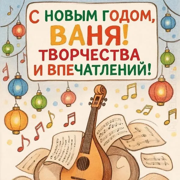 Именная новогодняя открытка для Ванечки с подарками под украшенной ёлкой